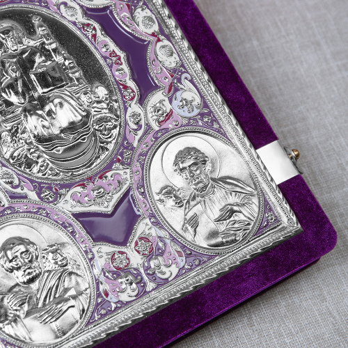 Апостол фиолетовый, оклад "под серебро", бархат, эмаль, 23х30 см фото 5