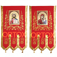 Хоругви вышитые красные "Три колоса", комплект, 65х140 см, с иконой "Казанская"