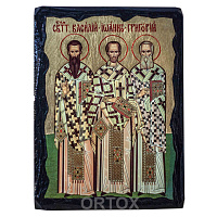 Икона трех святителей: Василия Великого, Григория Богослова, Иоанна Златоуста, 17х23 см, ольха, золочение