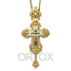 Крест наперсный из ювелирного сплава, позолота, фианиты, 8х17,5 см (желтые фианиты)