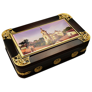 Коробочка (ларец) для хранения просфор деревянная с пейзажем, литьевой орнамент, фианиты (бархат)