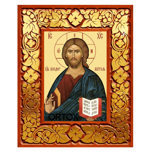 Икона Спасителя "Господь Вседержитель" в резной рамке, цвет "кипарис с золотом" (поталь), ширина рамки 12 см