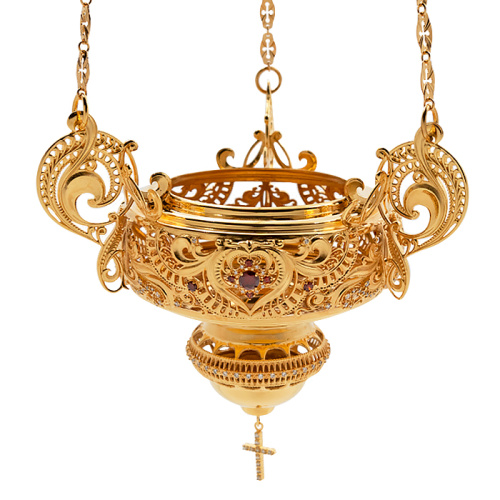 Лампада подвесная из ювелирного сплава в позолоте с камнями, 16х19 см фото 3 Лампада подвесная из ювелирного сплава в позолоте с камнями, 16х19 см фото 3