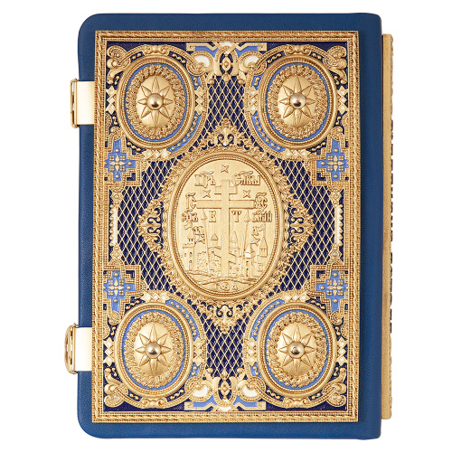 Евангелие требное среднее синее, оклад "под золото", кожа, эмаль, 17х22 см фото 7