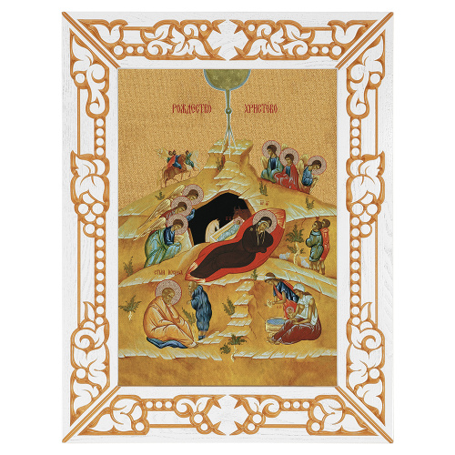 Икона Рождества Христова, в узкой резной раме, белая с золотом (патина), холст с золочением, ширина рамы 7 см фото 2