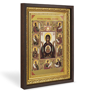 Икона Божией Матери "Знамение Курская-Коренная", в широком багете, цвет "темный дуб", на холсте, с золочением (33,5х42,2 см (под икону А4))