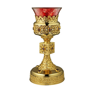 Лампада напрестольная из ювелирного  сплава в позолоте с камнями (красный стаканчик)