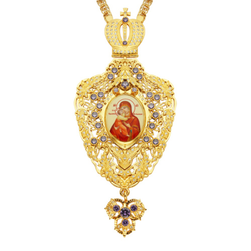 Панагия из ювелирного сплава в позолоте с цепью, белые и голубые фианиты, высота 15 см фото 4