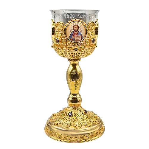 Потир на 0,5 л, комбинированный, в позолоте с фианитами, 14,5х27,8 см