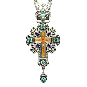 Крест наперсный серебряный, с цепью, голубые, фиолетовые и белые фианиты, высота 15 см (чернение)