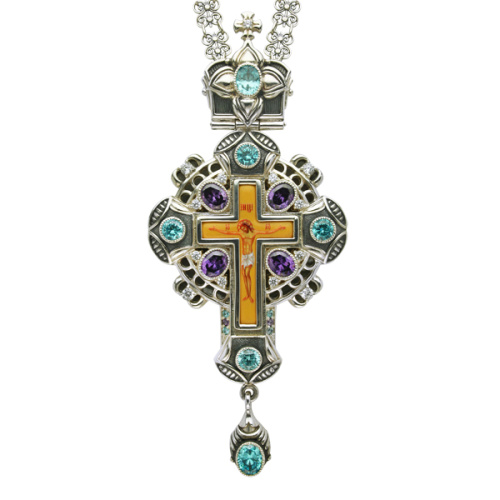 Крест наперсный серебряный, с цепью, голубые, фиолетовые и белые фианиты, высота 15 см
