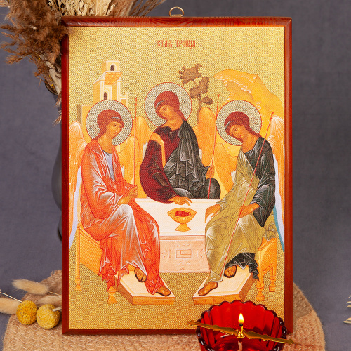 Икона Святой Троицы на деревянной основе, цвет "кипарис", на холсте с золочением фото 4