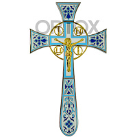 Крест напрестольный латунный "Новгородский", 18х32 см, голубой, золотые буквы