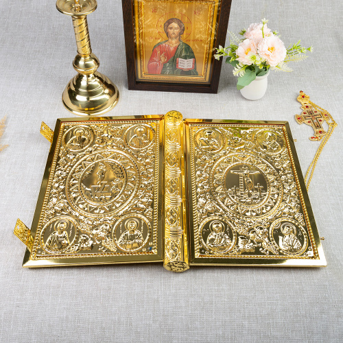 Оклад для Евангелия напрестольного, цинковый сплав, цвет "под золото", синяя эмаль, 25х5х35 см фото 5