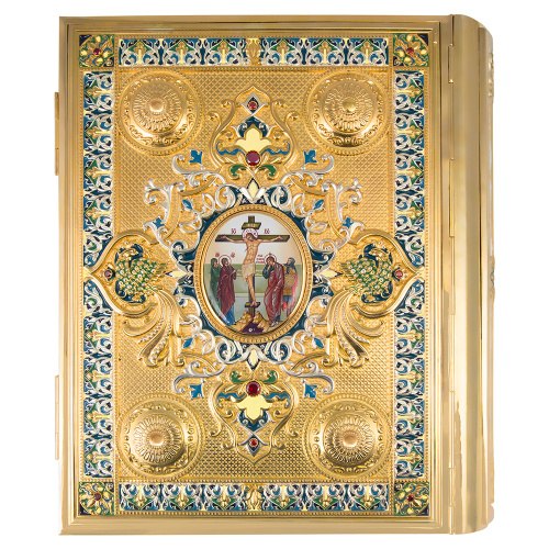 Евангелие напрестольное, латунный оклад в позолоте, фианиты и эмаль, 30х35 см фото 2