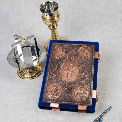 Евангелие напрестольное синее, оклад "под бронзу", бархат, 24х31 см фото 2