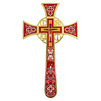 Крест требный четырехконечный, цинковый сплав, красная эмаль, камни, 17х29 см