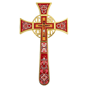 Крест требный четырехконечный, цинковый сплав, красная эмаль, камни, 17х29 см (без подставки)