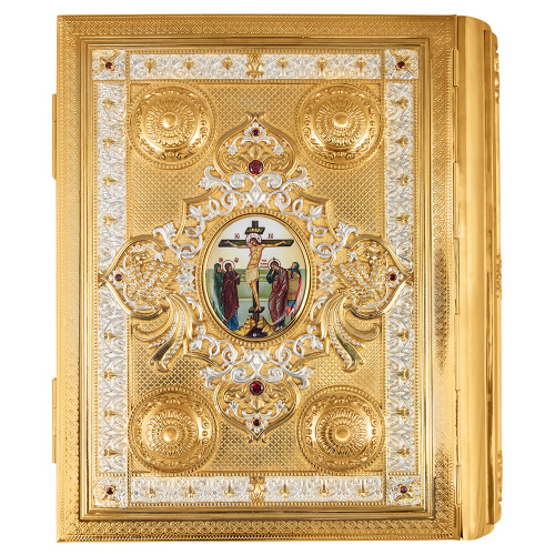 Евангелие напрестольное, латунный оклад в позолоте и серебрении, фианиты, 30х35 см фото 6