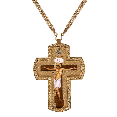 Крест наперсный латунный в позолоте с цепью, 7х12 см