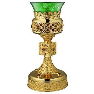 Лампада напрестольная из ювелирного  сплава в позолоте с камнями (зеленый стаканчик)