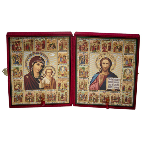 Складень венчальный с ликами Спасителя и Божией Матери "Казанская", с праздниками, 18,5х22 см, бархат, №2 фото 2
