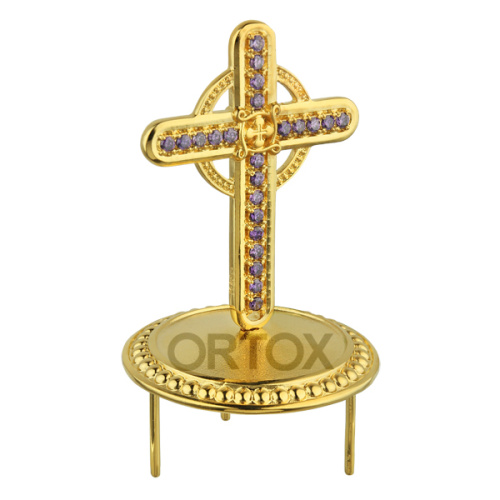 Крест на митру №8, латунный в позолоте с камнями фото 3