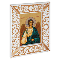 Икона Ангела Хранителя, в широкой резной раме, белая с золотом (патина), холст с золочением, ширина рамы 12 см
