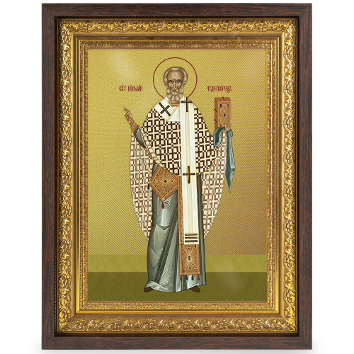 Икона Николая Чудотворца, в широком багете, цвет "темный дуб", на холсте, с золочением, №2 фото 2
