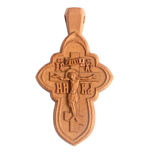 Деревянный нательный крестик «Квадрифолий» с распятием, цвет светлый, высота 5,3 см (резной)