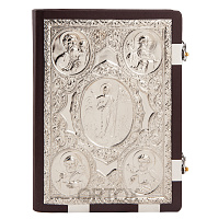 Евангелие напрестольное коричневое, оклад "под серебро", кожа, 24х31 см