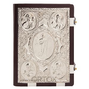 Евангелие напрестольное коричневое, оклад "под серебро", кожа, 24х31 см (никелирование)