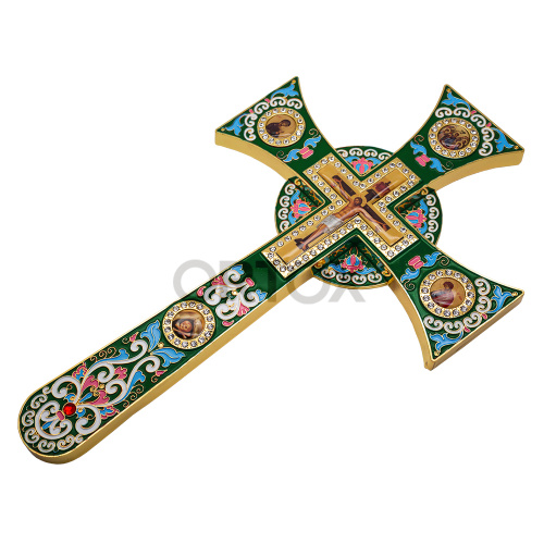 Крест требный латунный четырехконечный, зеленая эмаль, камни, 17х29 см фото 2