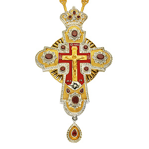 Крест наперсный серебряный, с цепью, позолота, красные фианиты, высота 17,5 см (эмаль)