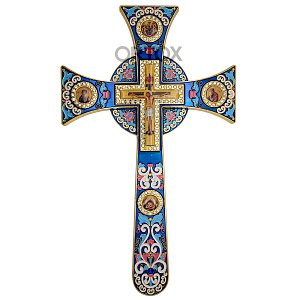 Крест требный латунный четырехконечный, синяя эмаль, камни, 17х29 см (латунь)
