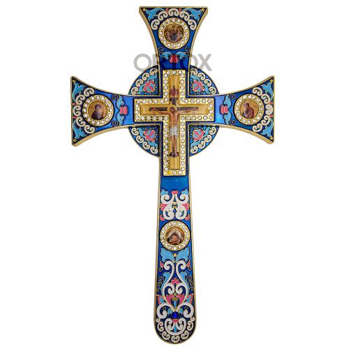 Крест требный четырехконечный, синяя эмаль, камни, 17х29 см