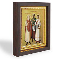 Икона мучеников и исповедников Гурия, Самона и Авива Едесских, в узком багете, цвет "темный дуб", на холсте, с золочением