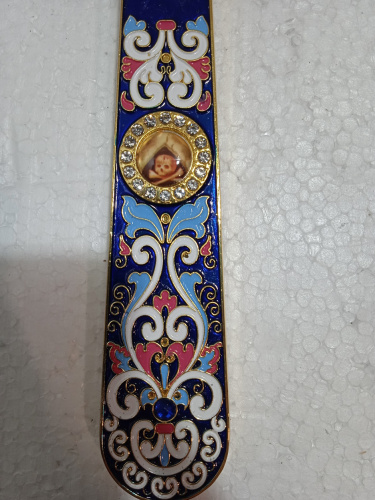 Крест напрестольный / требный четырехконечный с подставкой, синяя эмаль, камни, 17х29 см, У 55-0036 фото 7