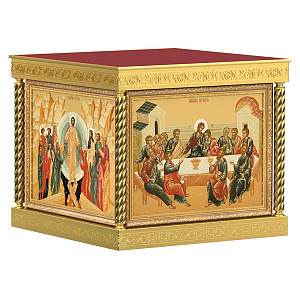 Облачение на престол с иконами и прямым основанием, чеканка, высота 105 см (90х90х105 см, синяя ткань)