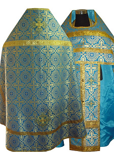 Иерейское облачение голубое, шелк, отделка галун в цвет облачения с рисунком (машинная вышивка)