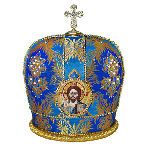 Митра голубая из парчи с крестом и вышитыми иконами, камни (размер 64)