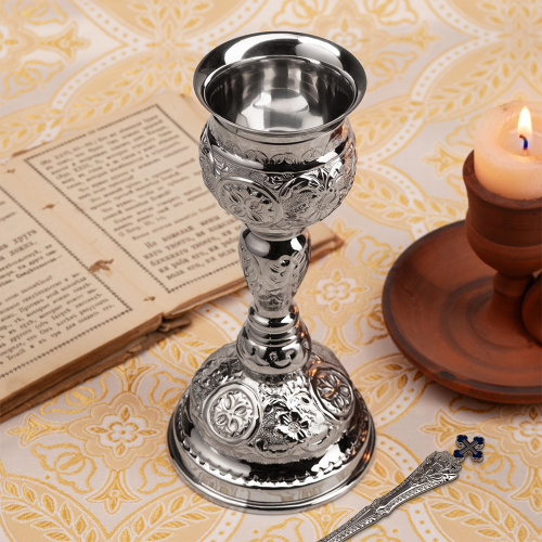 Потир № 28 на 0,1 л, латунь, нержавеющая сталь, никелирование, 9,5х20 см фото 2