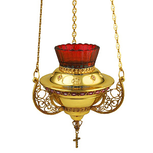 Лампада из ювелирного сплава подвесная, в позолоте, с камнями (красный стаканчик)