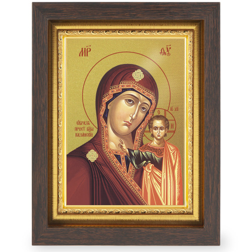 Икона Божией Матери "Казанская" в узком багете, цвет "темный дуб", на холсте, с золочением фото 2