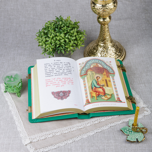 Евангелие требное среднее зеленое, оклад "под золото", кожа, эмаль, 17х22 см фото 4