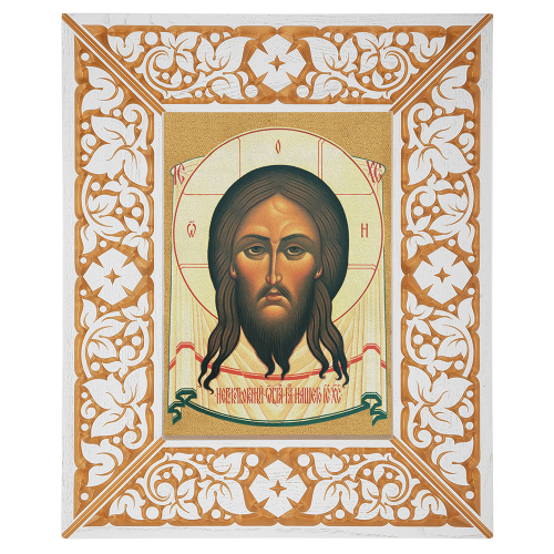 Икона Спасителя "Нерукотворный образ", в широкой резной раме, белая с золотом (патина), холст с золочением, ширина рамы 12 см фото 2 Икона Спасителя "Нерукотворный образ", в широкой резной раме, белая с золотом (патина), холст с золочением, ширина рамы 12 см фото 2