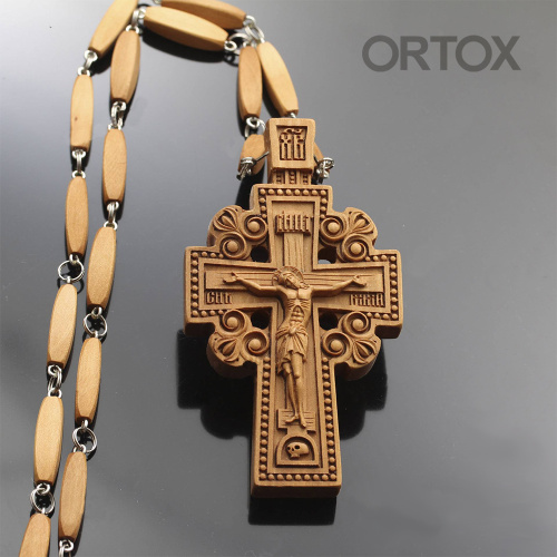 Крест наперсный "Наградной" деревянный резной, с цепью, высота 10 см фото 2