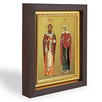 Икона священномученика Киприана и мученицы Иустины Антиохийских, в узком багете, цвет "темный дуб", на холсте, с золочением