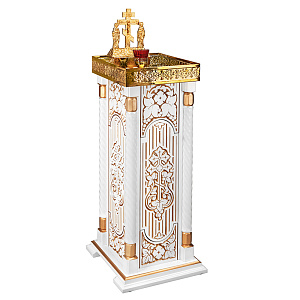 Панихидный стол песковой "Суздальский" белый с золотом (патина), тумба, резьба (40х40 см, без дверки)