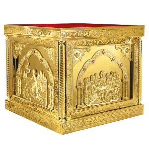 Облачение на престол "Золотые своды" с прямым основанием, чеканка, высота 105 см (130х130х105 см красная ткань, композит)